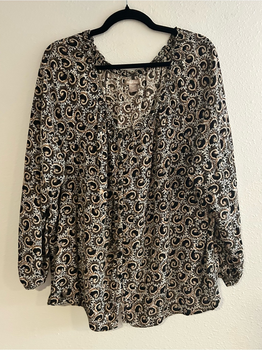 White Stag Black and Cream Paisley Tie-Front Blouse
